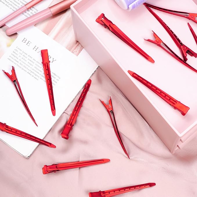 24 Packs Duck Bill Clips, Bantoye 3.35 Inches Rustproof Metal Alligator Curl Clips with Holes for Hair Styling, Hair Coloring, Matte Red