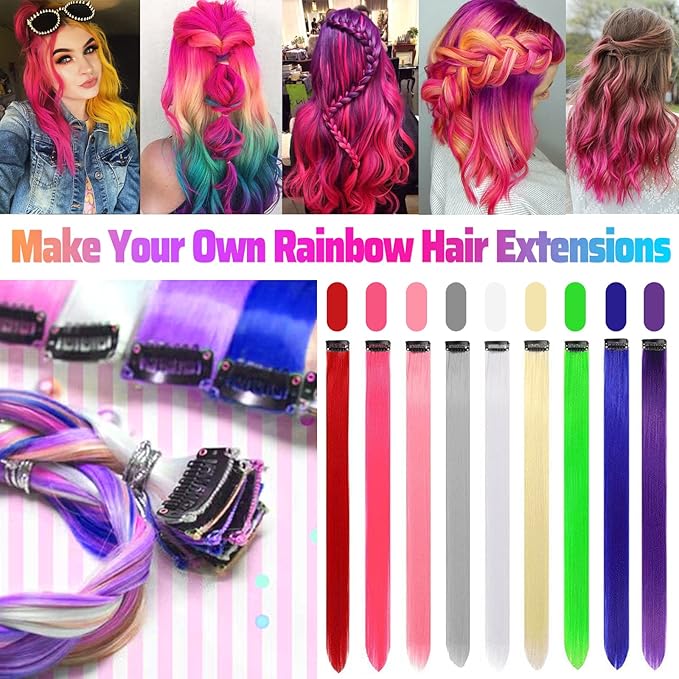 12 PCS Hot Pink Hair Extensions Clip in, Colored Party Highlights Extension for Kids Girls Synthetic Hairpiece Straight 22 inch