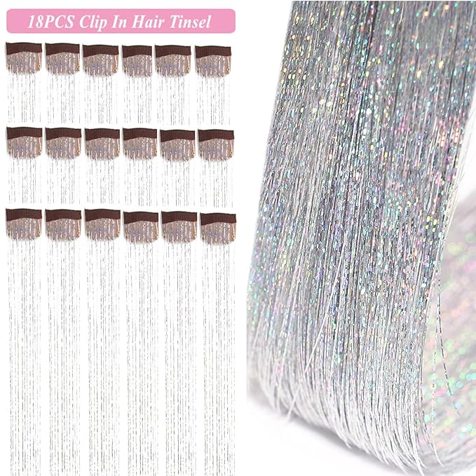 19.6Inch Clip in Sparkle Fairy Hair Extensions Kit for Kids, Girls, Women - 18 Pcs Heat Resistant Hair Tinsel Clips (Silver)