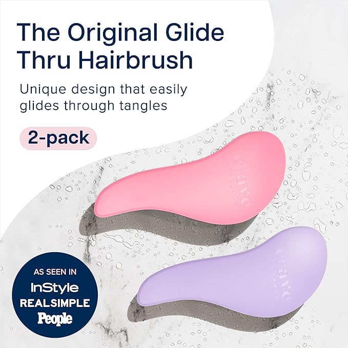 Crave Naturals Glide Thru Detangling Brush for Adults and Kids - Detangler Hair Brush for Curly or Straight, Wet or Dry Hair - Gentle on Tangles Hair Comb - 7.5x3-Inch, Pink and Purple (Pack of 2)