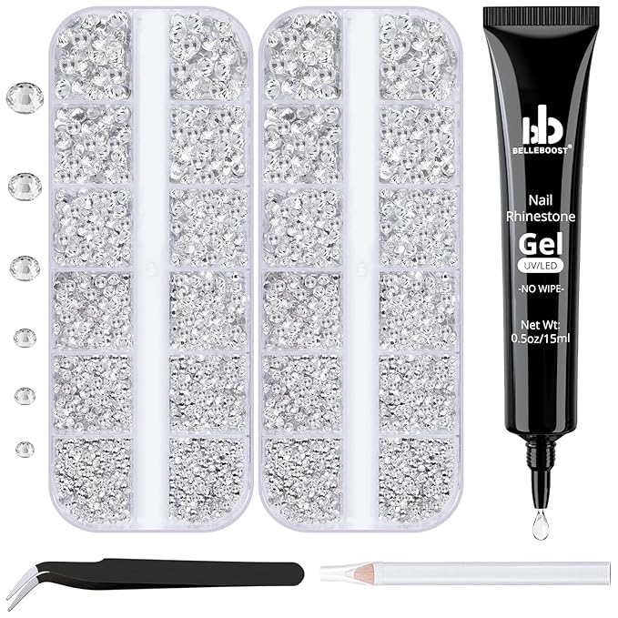 Nail Art Rhinestone Glue Gel&2 Boxes Flatback Gems Kit, 1 Tube of 15ml Rhinestone Gel Glue(UV/LED Needed)+Round Glass Crystal Clear Gemstones with Pickup Tools