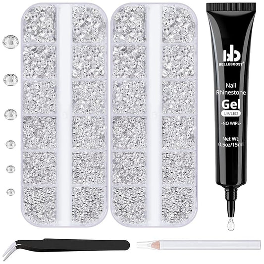 Nail Art Rhinestone Glue Gel&2 Boxes Flatback Gems Kit, 1 Tube of 15ml Rhinestone Gel Glue(UV/LED Needed)+Round Glass Crystal Clear Gemstones with Pickup Tools