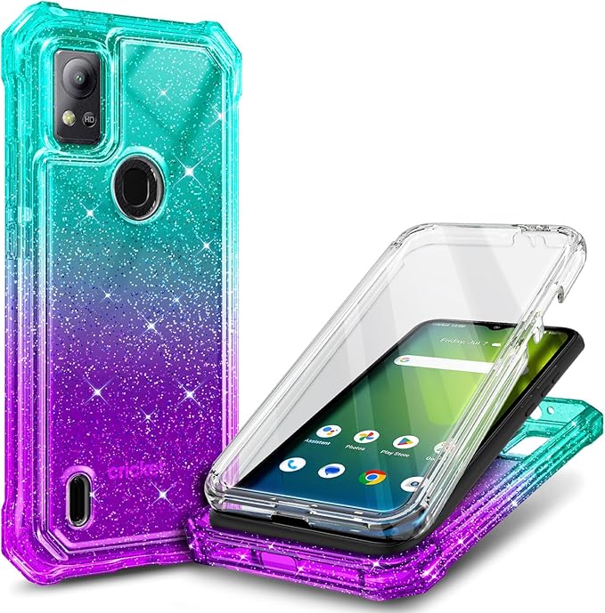 Designed for Cricket Icon 5 Case, AT&T Motivate 4 Phone Case with [Built-in Screen Protector], [5.5FT Mil-Grade Drop Tested] Full-Body Protective Shockproof Bumper Case (Glitter Aqua/Purple)