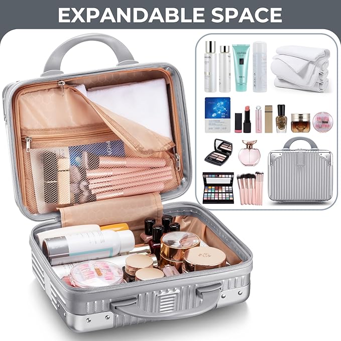 Noverlife 14 Inch Hard Shell Cosmetic Case, Small Hard Case Makeup Travel Case with Elastic Band ABS Carrying Suitcase, Mini Carrying Makeup Suitcase Small Travel Hand Luggage Organizer - Silver