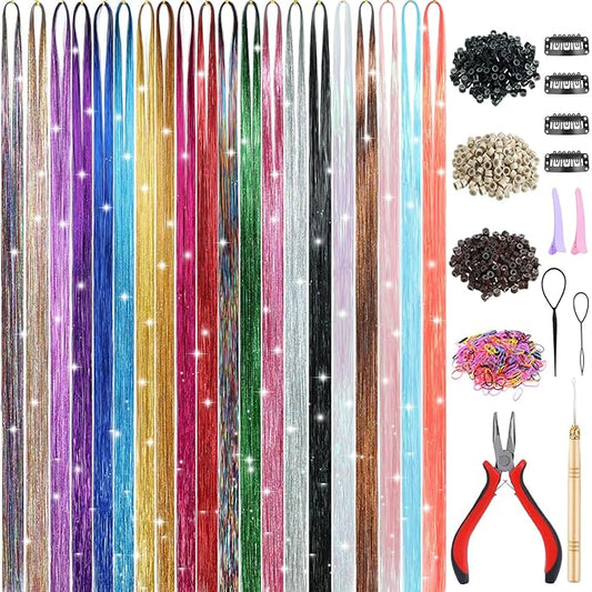 20 Colors Hair Tinsel Kit with Tools 48 Inch 4600 Strands Fairy Hair Tinsel Heat Resistant Glitter Tinsel Hair Extensions Hair Accessories Hair Tinsel Kit for Girls Women Kids (20 Colors)