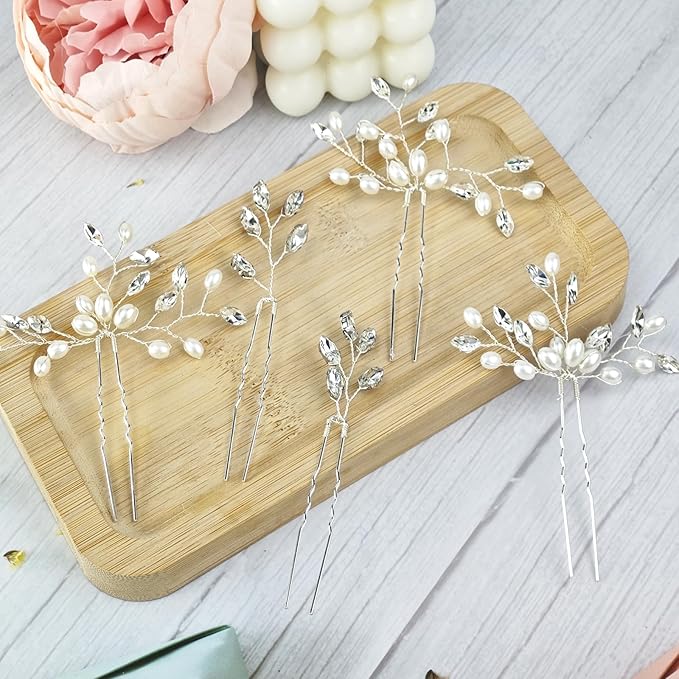 5 Pcs Rhinestone Bridal Hair Pins Sparkly Bride Hair Piece for Women Crystal Pearl Hair Accessories for Bride Bridesmaids Flower Girls(Silver)