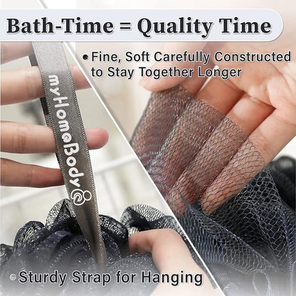 myHomeBody 60g Loofah Sponge, Body Scrubber, Bath Sponge, Loofah for Women, Men, Exfoliating Sponge Shower Pouf with Activated Charcoal - 2 Fog Gray + 1 Midnight Blue, 3 Pack