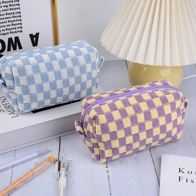 2 Pieces Makeup Bag Checkered Cosmetic Bag Purple Blue Makeup Pouch Travel Toiletry Bag Organizer Cute Makeup Brushes Storage Bag for Women