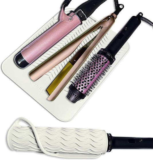 11" X 7.5" Large Heat Resistant Travel Mat for Curling Irons Flat Irons Hair Dryers Hair Straighteners Pad - Silicone Mat for Hair Styling Tools, Salon Hot Tools Mat, Vanity Mat - Ivory White