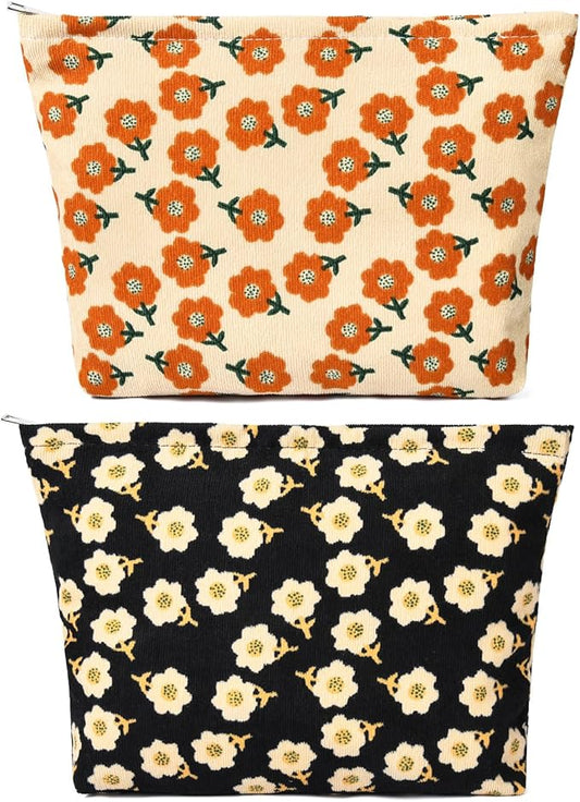 2 Pieces Flower Makeup Bag Large Corduroy Cosmetic Bag Capacity Canvas Travel Toiletry Bag Organizer Cute Makeup Brushes Aesthetic Accessories Storage Bag for Women, Flower L Orang Black