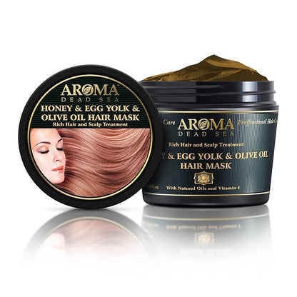 AROMA DEAD SEA Honey Egg Yolk & Olive Oil Hair Mask - Ultimate Dry & Damaged Hair Rescue, Intensive Conditioning Treatment Revives, Strengthens & Restores Softness, Shine & Elasticity / 16.9 fl.oz
