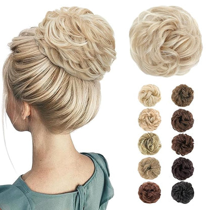 MORICA Messy Bun Hair Piece for Women - Elastic Wavy Curly Fake Bun Hair Extension Chignon Ponytail Hairpieces for Women (Ash Blonde & Bleach Blonde)