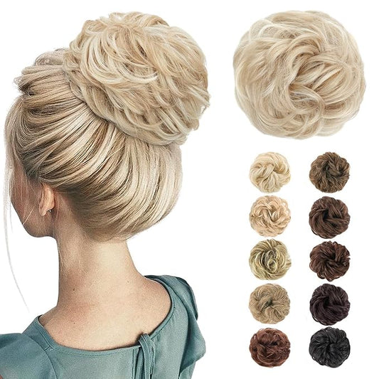 MORICA Messy Bun Hair Piece for Women - Elastic Wavy Curly Fake Bun Hair Extension Chignon Ponytail Hairpieces for Women (Ash Blonde & Bleach Blonde)