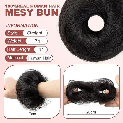 1PCS Messy Bun Hair Piece 100% Real Human Hair Chignons Scrunchies Natural Curly Fluffy Buns for Women Donut Updo Hair Pieces Bun Extension (#1 Jet Black)