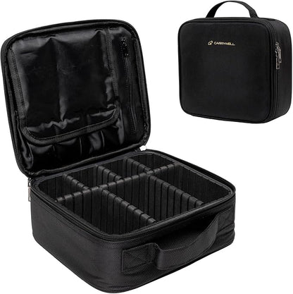 (Not Made In China) 2 Pack, Makeup Train Case, Cosmetic Bag, Portable Beauty Organizer and Storage Box With Adjustable Dividers For Make Up and Brushes (Black, Small)