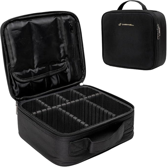 (Not Made In China) 2 Pack, Makeup Train Case, Cosmetic Bag, Portable Beauty Organizer and Storage Box With Adjustable Dividers For Make Up and Brushes (Black, Small)