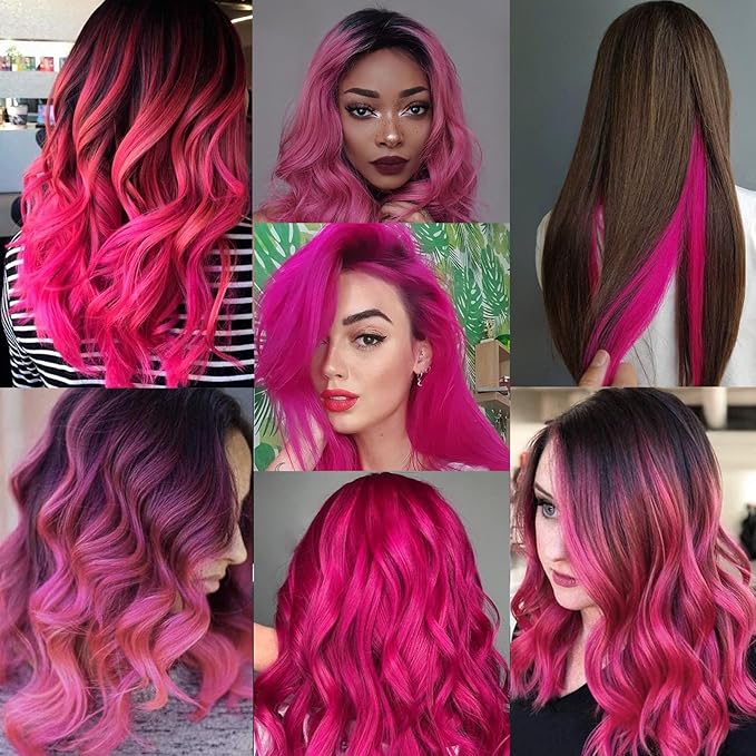12 PCS Hot Pink Hair Extensions Clip in 22 inch, Colored Party Synthetic Neon Highlights Extensions, Rainbow Hair Accessories for Girls Women