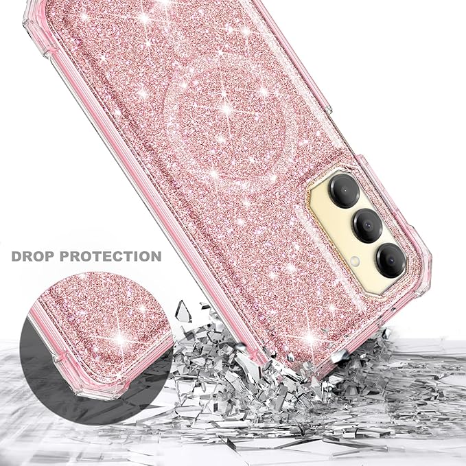 Designed for Samsung Galaxy A16 5G/4G Phone Case, Magnetic Compatible with MagSafe, [Raised Corners Drop Protection] Shockproof Protective Bumper Cover (Glitter Rose Gold)