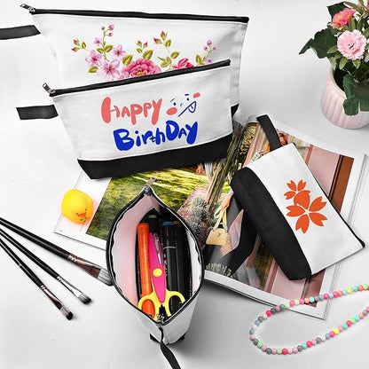 10 Pieces Cotton Canvas Makeup Bag with Bottom and Strap, Multi-Purpose Cosmetic Bag with Zipper Travel Toiletry Pouch, Blank DIY Craft Bag (White&Black, XS)