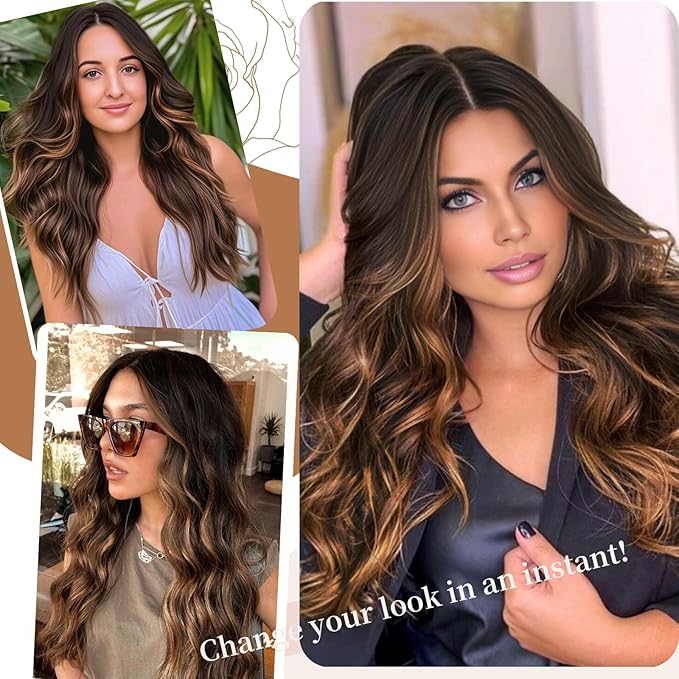 26 inch Lace Hairline Brown Mixed Highlight Wigs for Women, Middle Part Long Curly Wig Heat Resistant Synthetic Hair Looking Natural, Fiber Wig for Daily Party Use