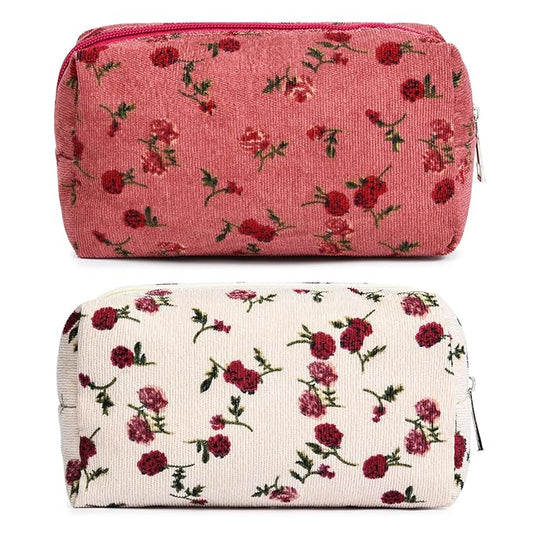 2 Pieces Makeup Bag Floral Cosmetic Bag Purple Blue Makeup Pouch Travel Toiletry Bag Organizer Cute Makeup Brushes Storage Bag for Women