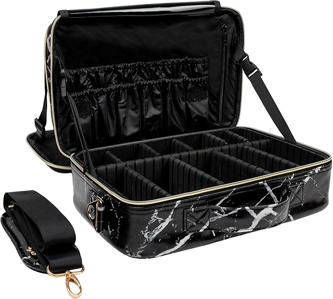 (Not Made In China) 2 Pack, Makeup Train Case, Cosmetic Bag, Portable Beauty Organizer and Storage Box With Adjustable Dividers For Make Up and Brushes (Marble, Large)