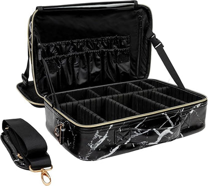(Not Made In China) 2 Pack, Makeup Train Case, Cosmetic Bag, Portable Beauty Organizer and Storage Box With Adjustable Dividers For Make Up and Brushes (Marble, Large)
