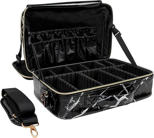 (Not Made In China) 2 Pack, Makeup Train Case, Cosmetic Bag, Portable Beauty Organizer and Storage Box With Adjustable Dividers For Make Up and Brushes (Marble, Large)