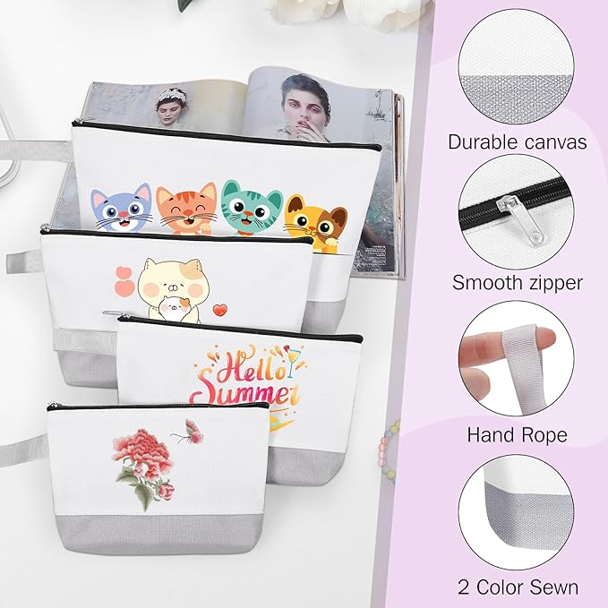 10 Pieces Cotton Canvas Makeup Bag with Bottom and Strap, Multi-Purpose Cosmetic Bag with Zipper Travel Toiletry Pouch, Blank DIY Craft Bag (White&Grey, L)