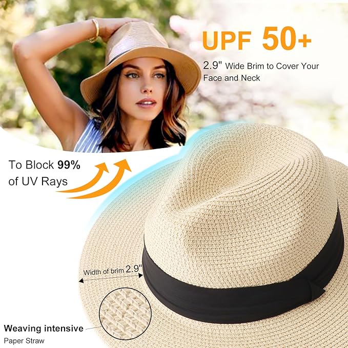 DRESHOW Women Straw Panama Hat Travel Fedora Beach Sun Hat Summer Wide Brim Straw Roll up Hat UPF 50+