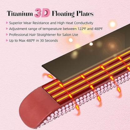 DORISILK 480°F High Temp Titanium Flat Iron, Pink Hair Straightener and Curler 2 in 1 Bedazzled Rhinestone Crystal Bling Straightening Curling Flattening Iron 30s Fast Heat Dual Voltage 1" Soft Pink
