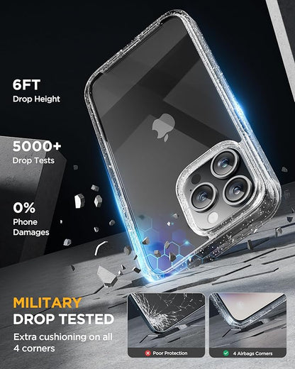 Miracase for iPhone 15 Pro Case Full-Body Built-in Glass Screen Protector& Camera Protector, Military Drop Proof 15 Pro Phone Cover 6.1 inch, Clear Glitter