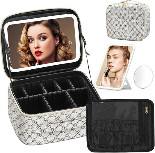 Omobolanle Makeup Bag with Mirror Led Light Detachable Portable Makeup Organizer Travel Train Case with Adjustable Dividers and 10x Magnifying Mirror Cosmetic Toiletry Bag White/Grey