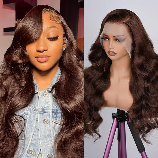 28 Inch Body Wave Lace Front Wigs Human Hair Chocolate Brown 13x4 HD Lace Frontal Wigs Human Hair Pre Plucked with Natural Hairline 200 Density Body Wave Frontal for Women Dark Brown Color