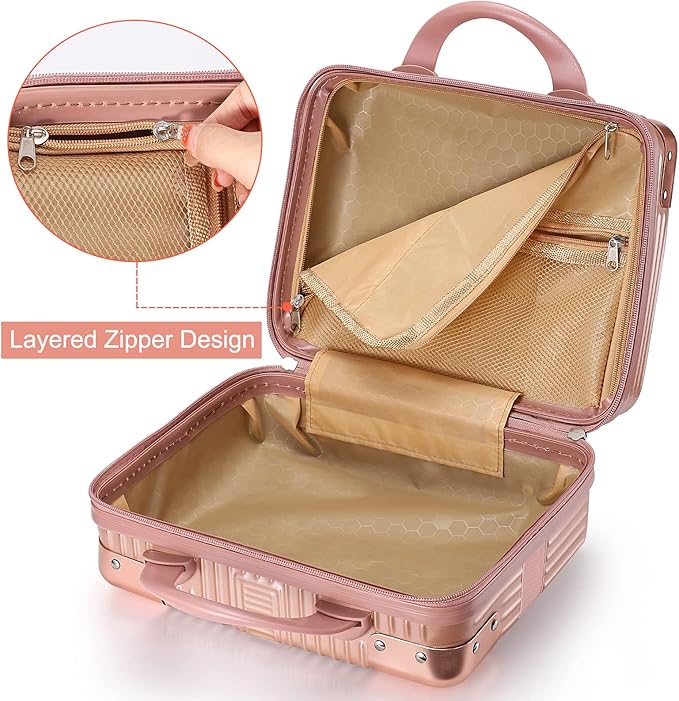 Noverlife 14 Inch Portable Makeup Travel Case Hand Luggage, Pressure-proof ABS Carrying Makeup Case Suitcase with Elastic Band, Small Hard Shell Cosmetic Case for Travel Camping Women Girl - Rose Gold