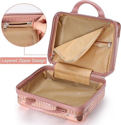 Noverlife 14 Inch Portable Makeup Travel Case Hand Luggage, Pressure-proof ABS Carrying Makeup Case Suitcase with Elastic Band, Small Hard Shell Cosmetic Case for Travel Camping Women Girl - Rose Gold