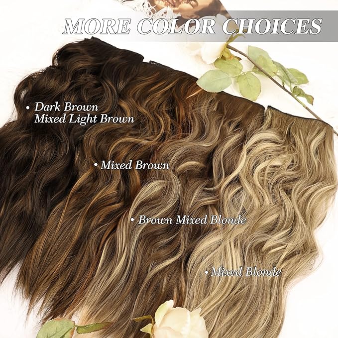 MORICA Invisible Wire Hair Extensions - 20 Inch Mixed Brown Long Wavy Synthetic Hairpiece with Transparent Wire Adjustable Size, 4 Secure Clips for Women