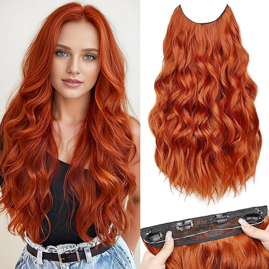 MORICA Invisible Wire Hair Extensions - Copper Red Halo Hair Extensions 20 Inch Long Wavy Synthetic Hairpiece with Transparent Wire, 4 Secure Clips