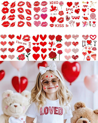 Heart Temporary Tattoos for Kids, 12 Sheets Love Confession Decorations for Classroom Girls Boys School Class Bday, 113pcs Pattern for Festivals and Parties (Red - Love)