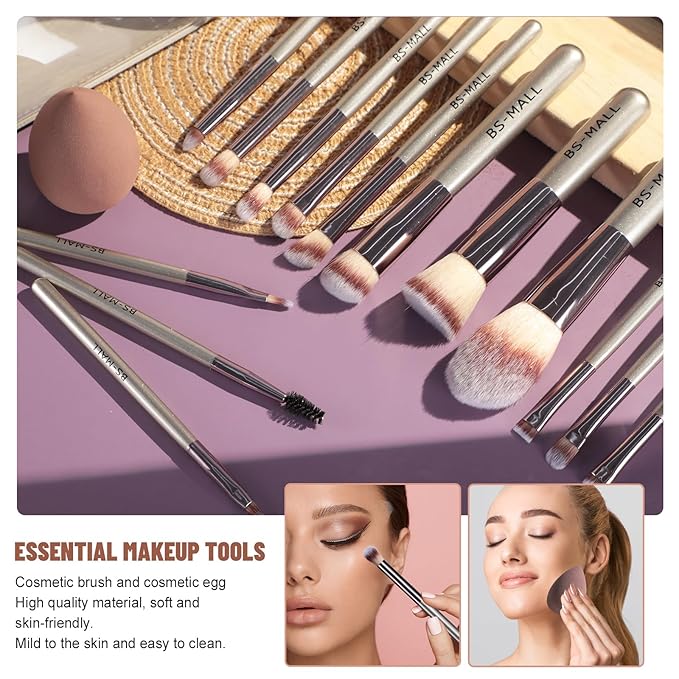 BS-MALL Makeup Brush Set 14 Pcs Premium Synthetic Foundation Powder Concealers Eye shadows Blush Makeup Brushes with Makeup Case and Makeup Sponge (A-Champagne)