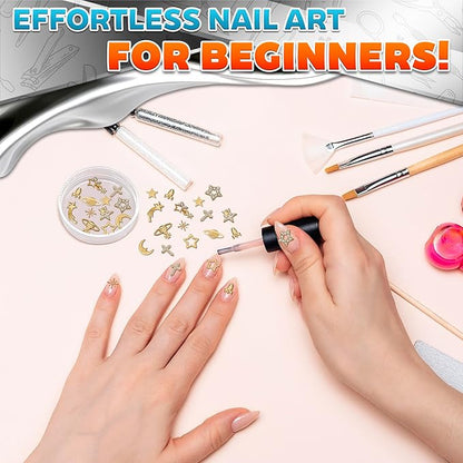 110 Pcs Gold Nail Charms and Gems – Complete Art Kit with Gold Star Nail Charms, Planets, Moon, Crosses & Rocket – Designed for Creating Detailed, Custom Designs with Easy Application