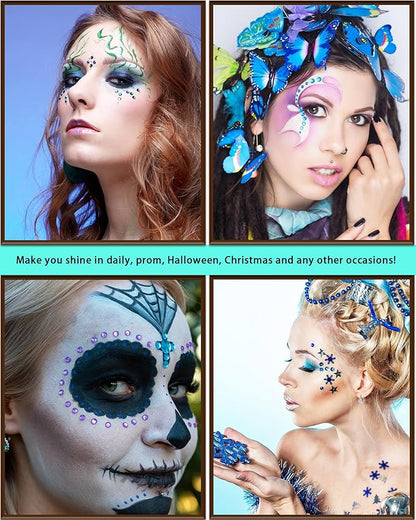 NIACONN 1760 Pcs Lake Blue Hair Jewels Face Gems Stick on, Self Adhesive Glitter Rhinestones Stickers for Women Body Eyes Nails Festival Halloween Makeup & Crafts