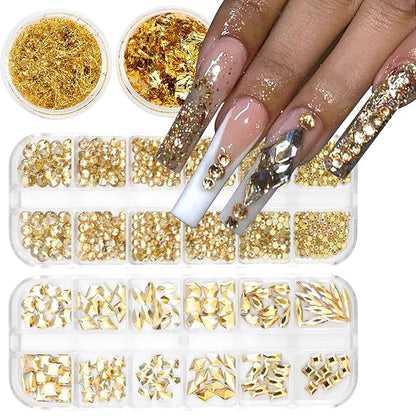 Nail Art Rhinestones Flatback Gold Nail Charms Multi Shapes Crystal Mixed Glitter Foil Design Gold Gems Accessories for Women Manicure Decorations Supplies