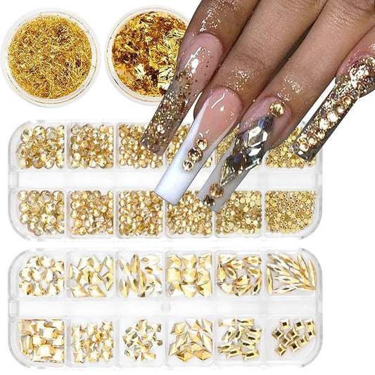 Nail Art Rhinestones Flatback Gold Nail Charms Multi Shapes Crystal Mixed Glitter Foil Design Gold Gems Accessories for Women Manicure Decorations Supplies
