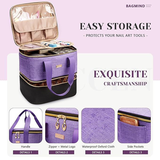 Nail Polish Organizer, Double Layer Nail Organizer and Storage Box Holds 42 Bottles & Nail Tech Kit Supplies, Large Capacity Nail Polish Organizer Case Carrying Bag