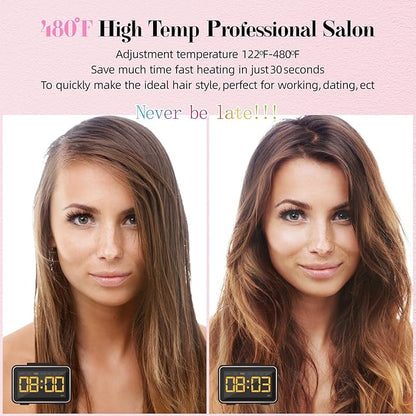 DORISILK 480°F High Temp Titanium Flat Iron, Pink Hair Straightener and Curler 2 in 1 Bedazzled Rhinestone Crystal Bling Straightening Curling Flattening Iron 30s Fast Heat Dual Voltage 1" Soft Pink