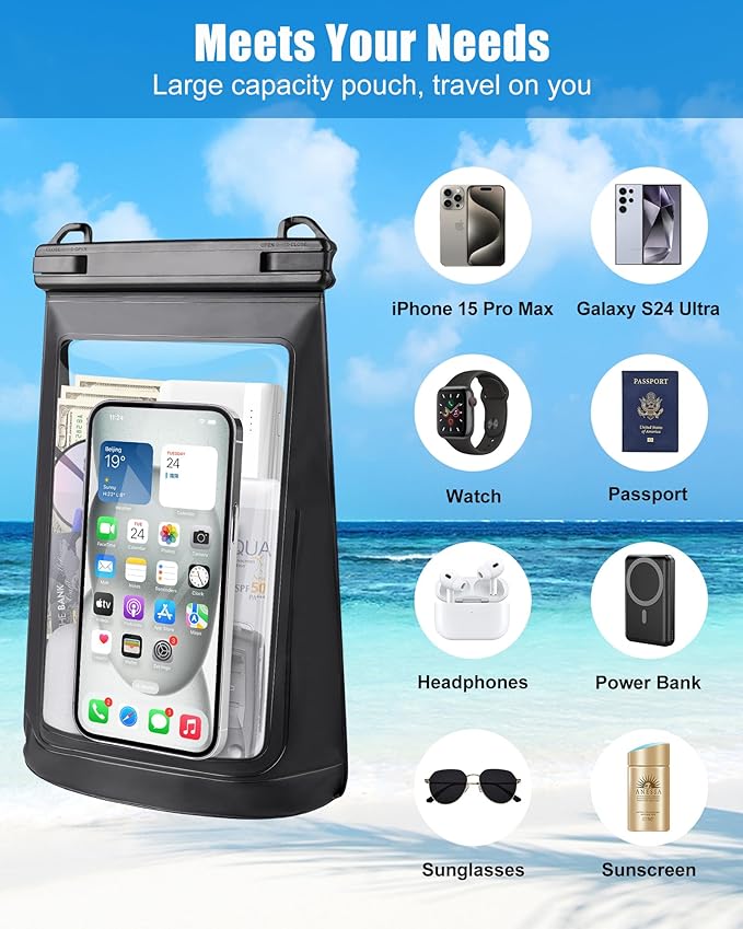 2L Waterproof Phone Pouch for iPhone 16 15 14 11 Pro Max & Galaxy S24 S21 - Floating Large Capacity Dry Bag Stores Sunscreen, Sunglasses - Oversized Waterproof Bag for Beach, Swimming, Kayaking
