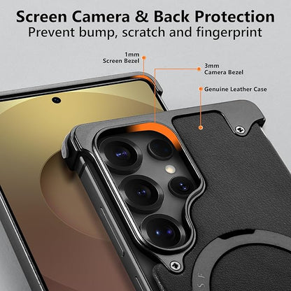 S25 Ultra Case Leather Magnetic with Ring Kickstand, Frameless for Samsung Galaxy S25 Ultra Case for Magsafe, Slim Drop-Proof Protective S25Ultra Cover for Men Women 6.86 Inch, Black