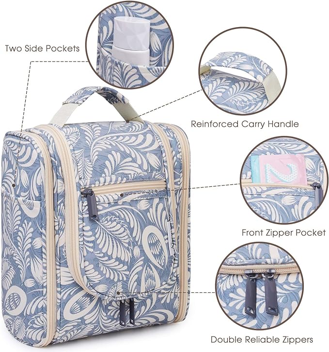 Narwey Small Hanging Toiletry Bag Women Travel Makeup Bag Organizer Toiletries Bag for Travel Size Essentials Accessories Cosmetics (Medium, Blue Leaf)