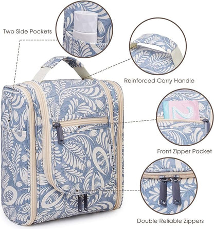 Narwey Small Hanging Toiletry Bag Women Travel Makeup Bag Organizer Toiletries Bag for Travel Size Essentials Accessories Cosmetics (Medium, Blue Leaf)